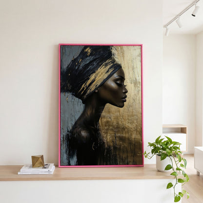 African Woman Profile Canvas Art in Ebony and Gold in pink floating frame