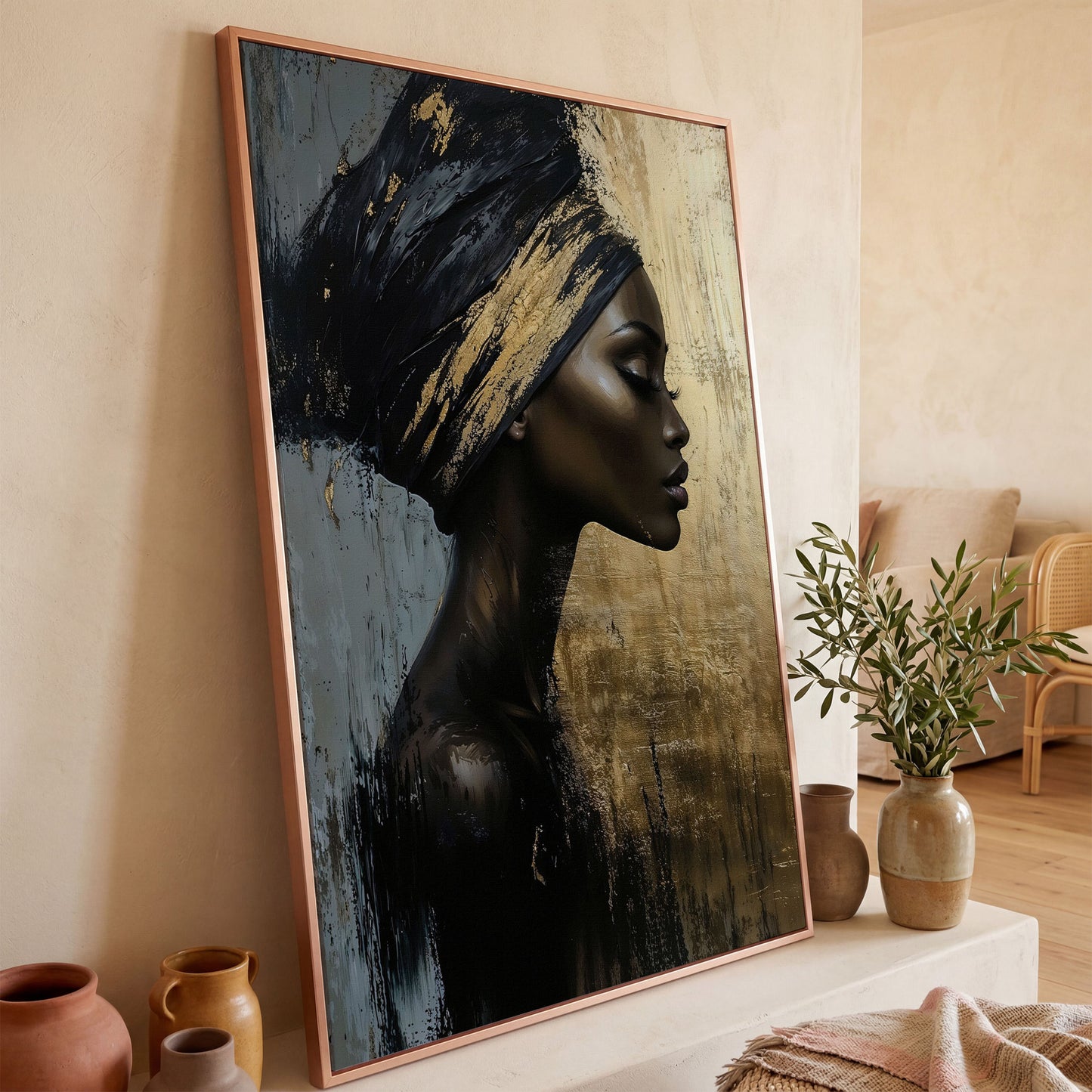 African Woman Profile Canvas Art in Ebony and Gold in rose gold floating frame
