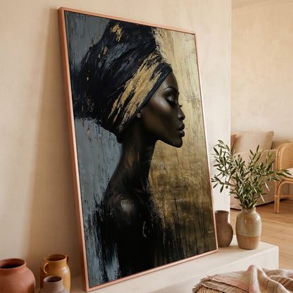 African Woman Profile Canvas Art in Ebony and Gold in rose gold floating frame