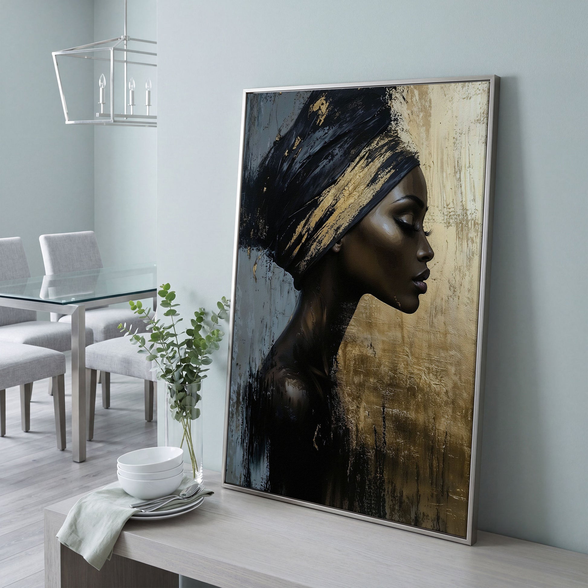 African Woman Profile Canvas Art in Ebony and Gold in silver floating frame
