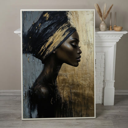 African Woman Profile Canvas Art in Ebony and Gold in white floating frame