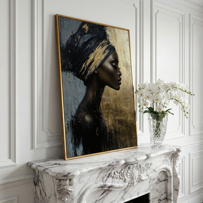 African Woman Profile Canvas Art in Ebony and Gold in yellow gold floating frame