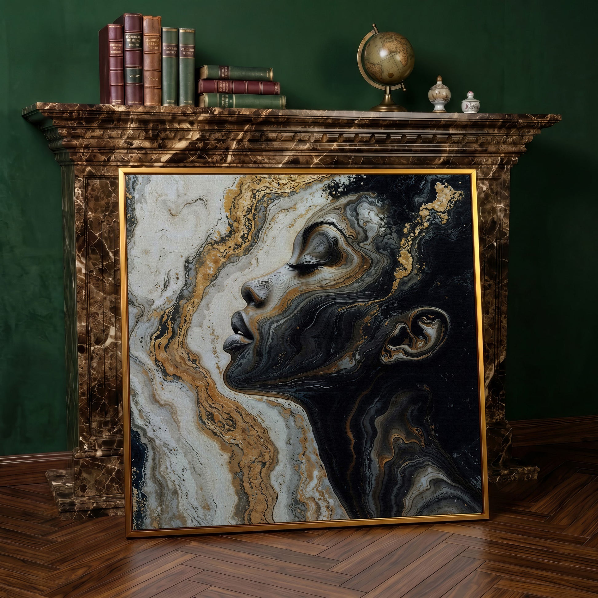 African American Woman with Marble Effect Canvas in antique gold floating frame