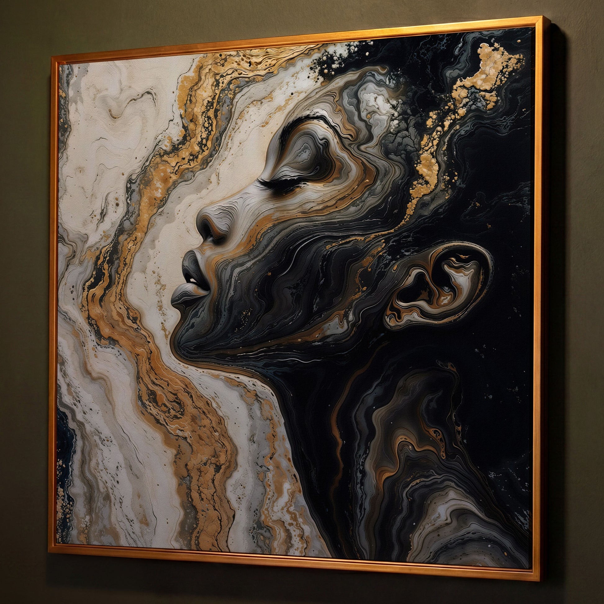 African American Woman with Marble Effect Canvas shown in antique gold floating frame