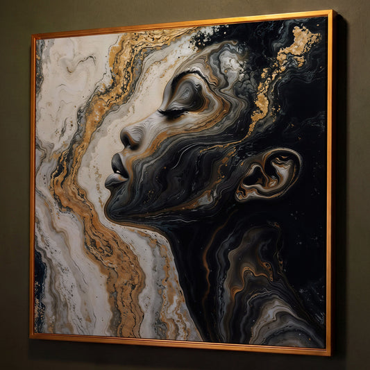 African American Woman with Marble Effect Canvas shown in antique gold floating frame