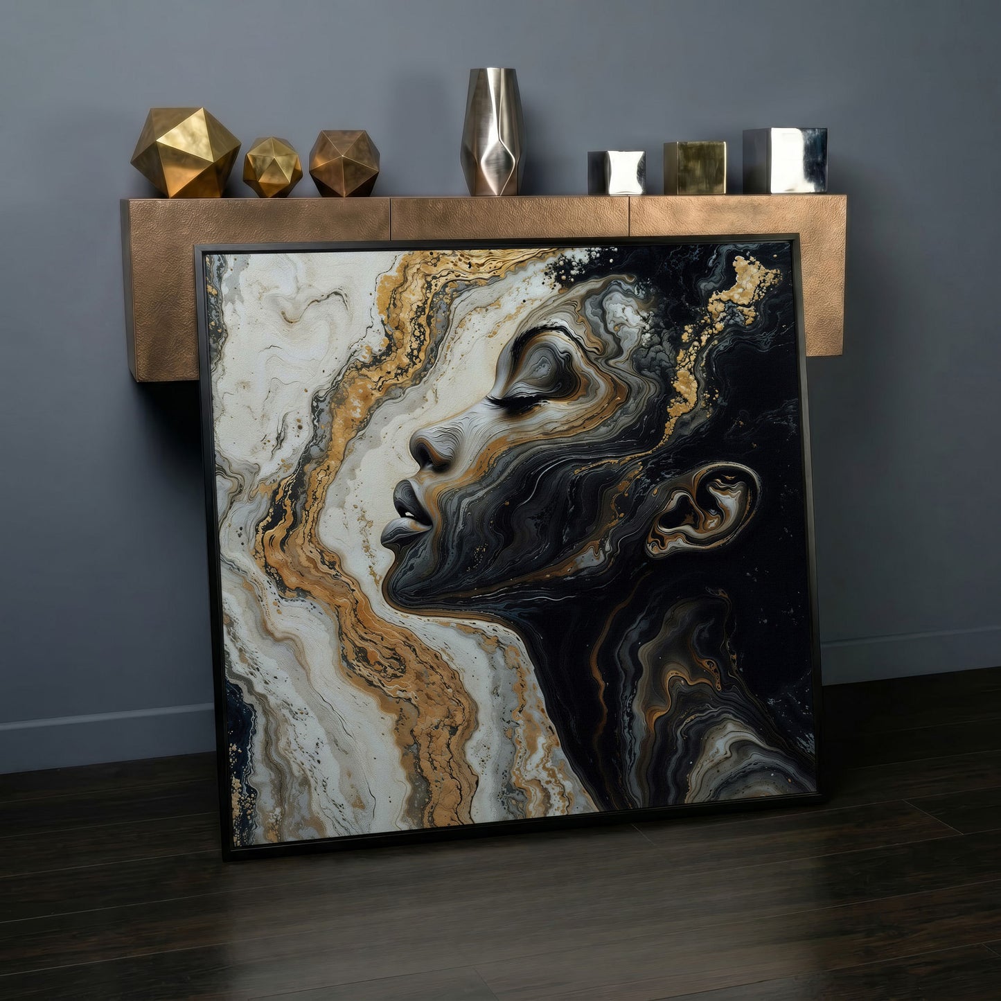 African American Woman with Marble Effect Canvas in black floating frame