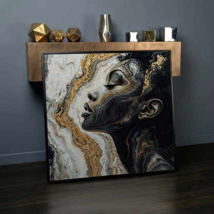 African American Woman with Marble Effect Canvas in black floating frame