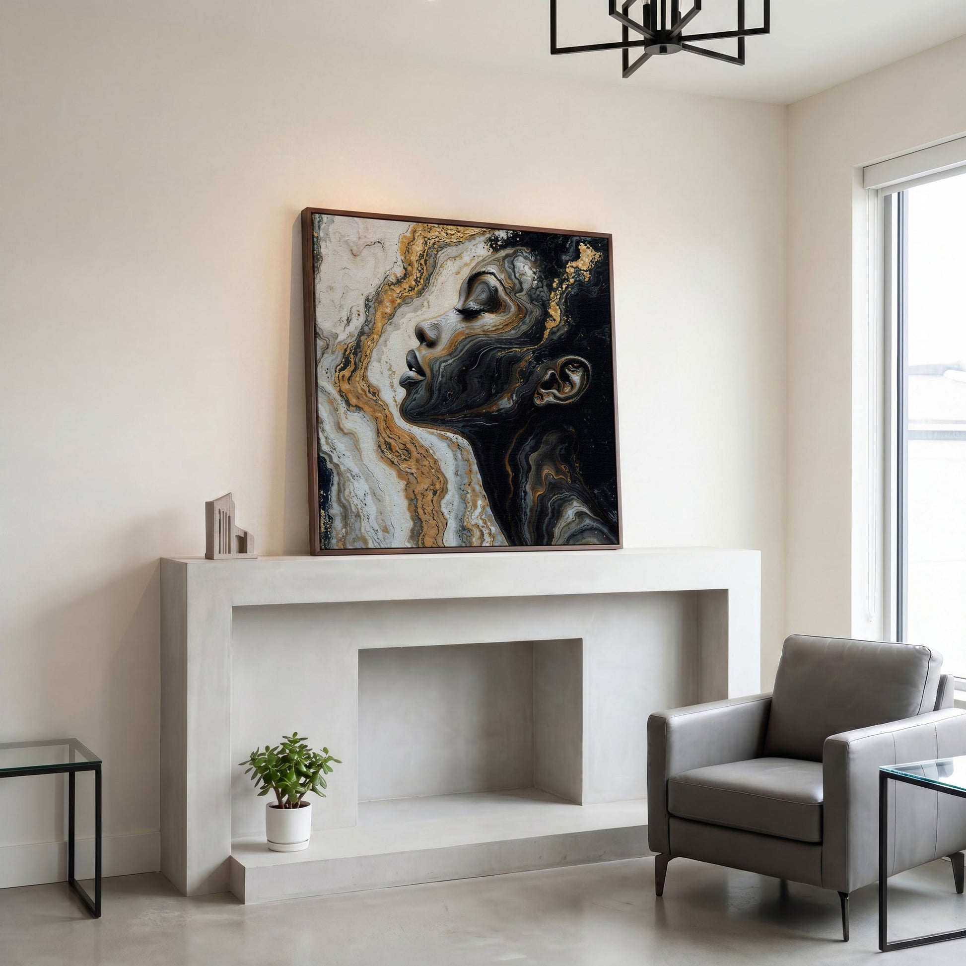 African American Woman with Marble Effect Canvas in dark walnut floating frame