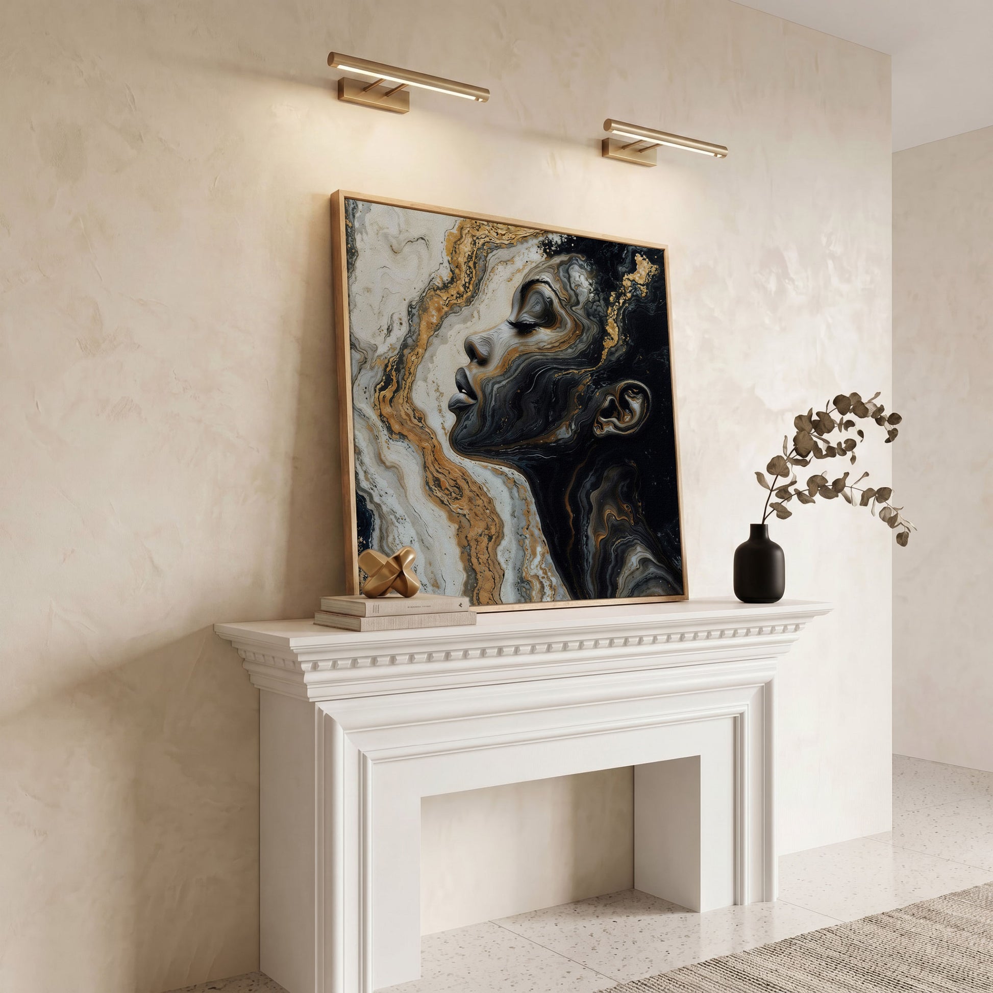 African American Woman with Marble Effect Canvas in white oak floating frame
