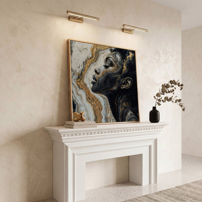 African American Woman with Marble Effect Canvas in white oak floating frame
