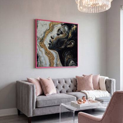 African American Woman with Marble Effect Canvas in pink floating frame