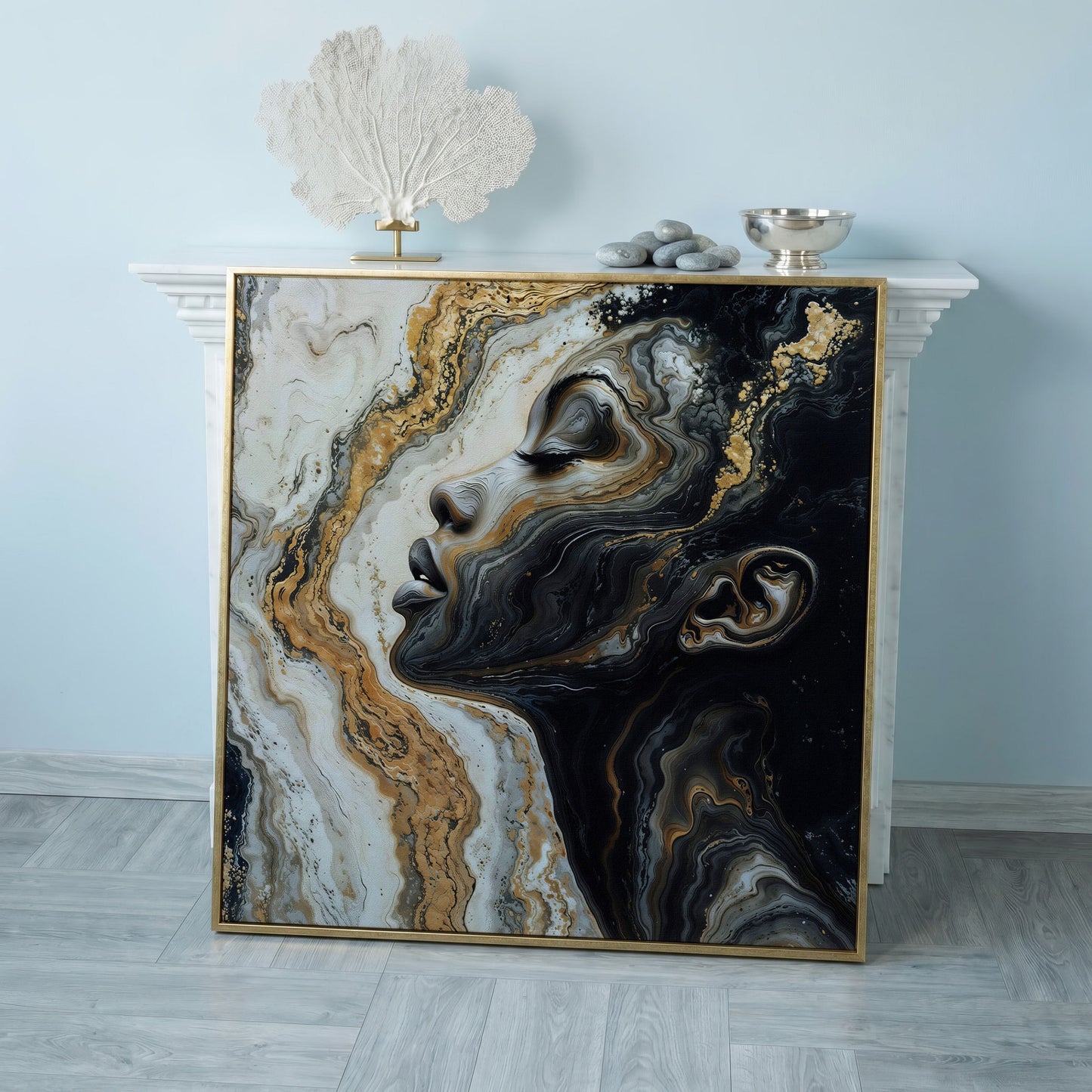 African American Woman with Marble Effect Canvas in rose gold floating frame