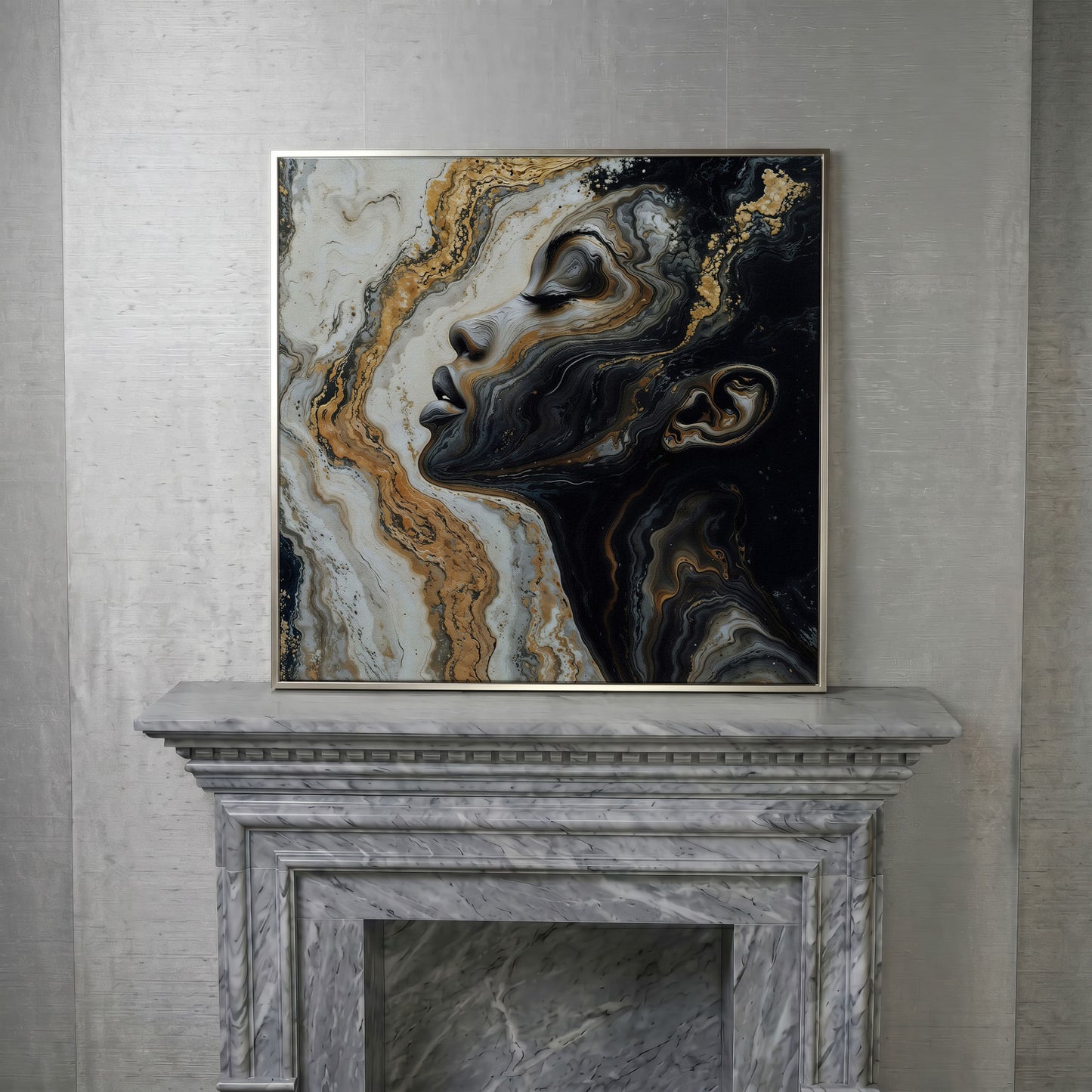 African American Woman with Marble Effect Canvas in silver floating frame