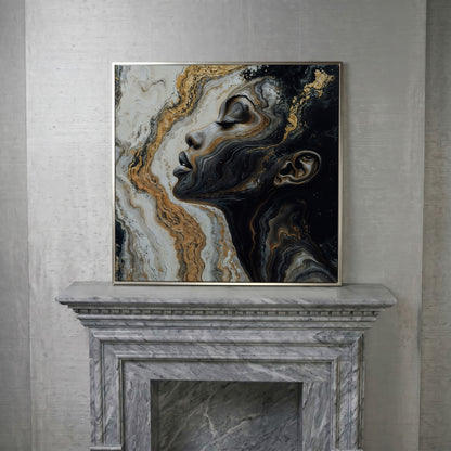 African American Woman with Marble Effect Canvas in silver floating frame