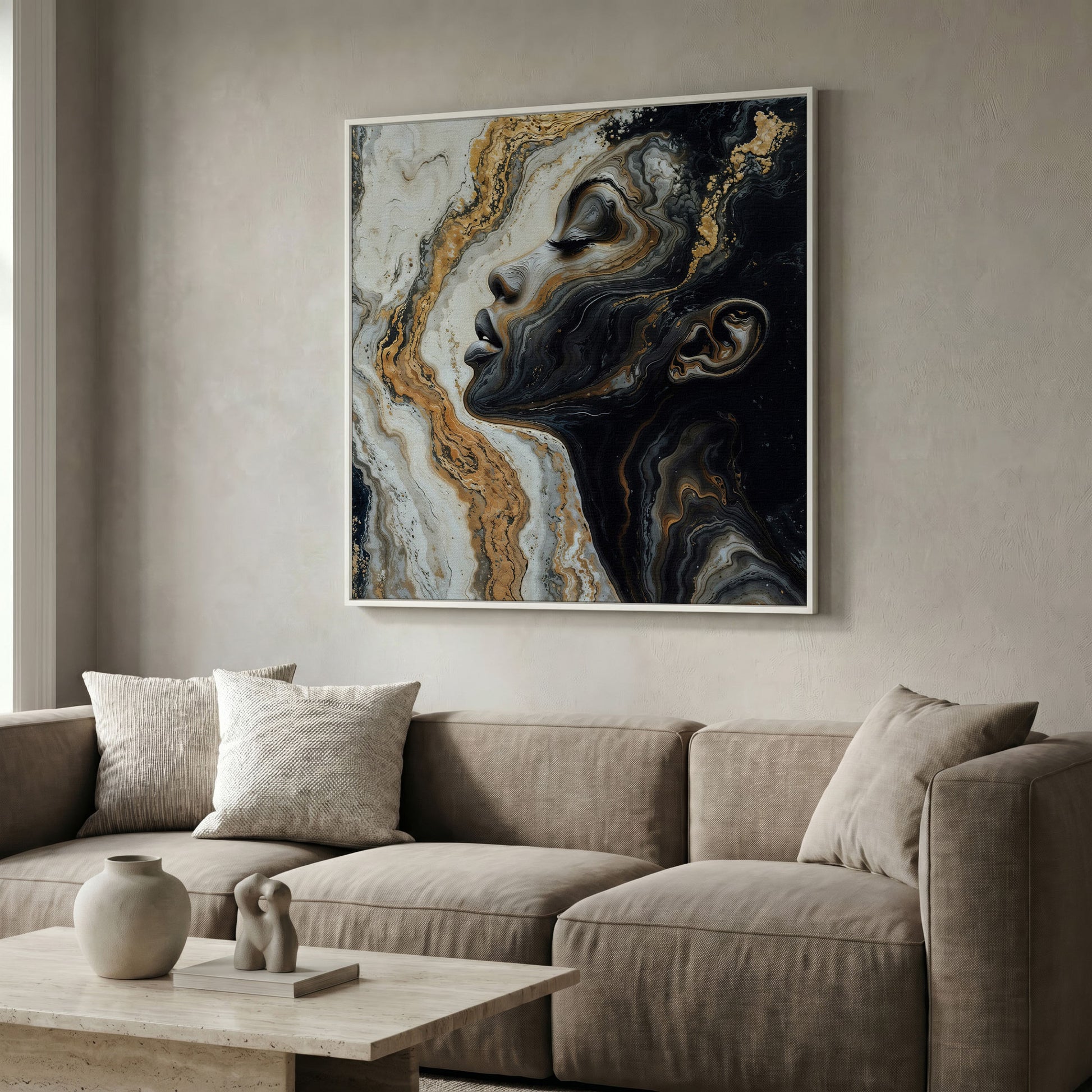 African American Woman with Marble Effect Canvas in white floating frame