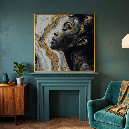 African American Woman with Marble Effect Canvas in yellow gold floating frame