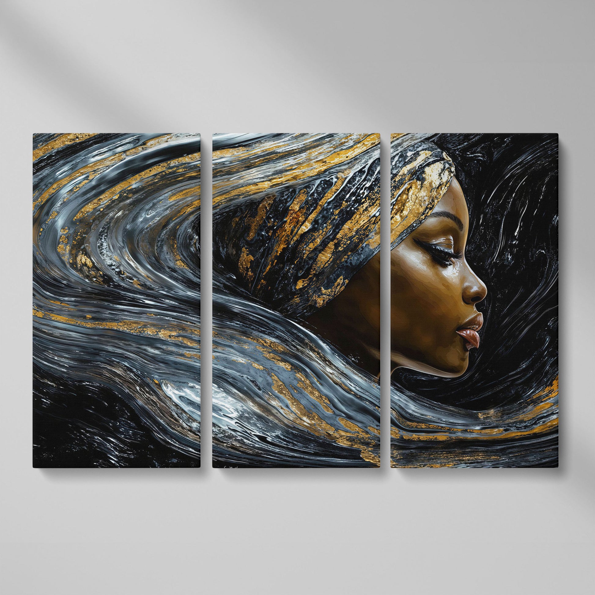 Black Woman Profile Canvas with Abstract Hair in Gold as 3-panel split version