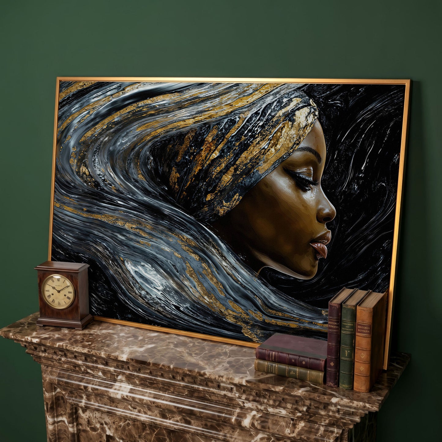 Black Woman Profile Canvas with Abstract Hair in Gold in antique gold floating frame