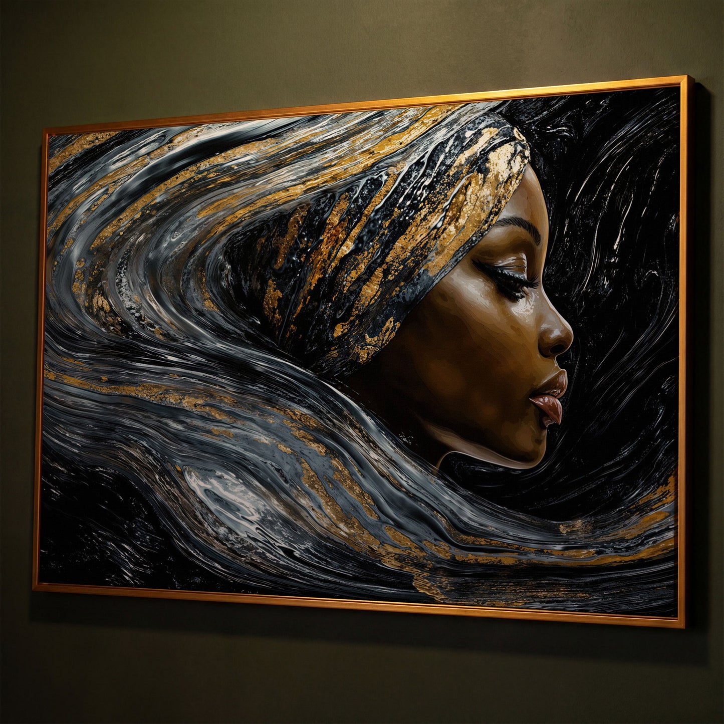 Black Woman Profile Canvas with Abstract Hair in Gold shown in antique gold floating frame