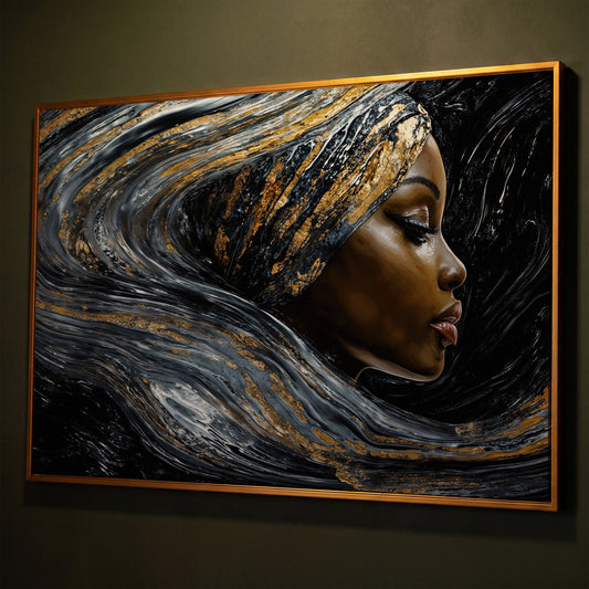 Black Woman Profile Canvas with Abstract Hair in Gold shown in antique gold floating frame