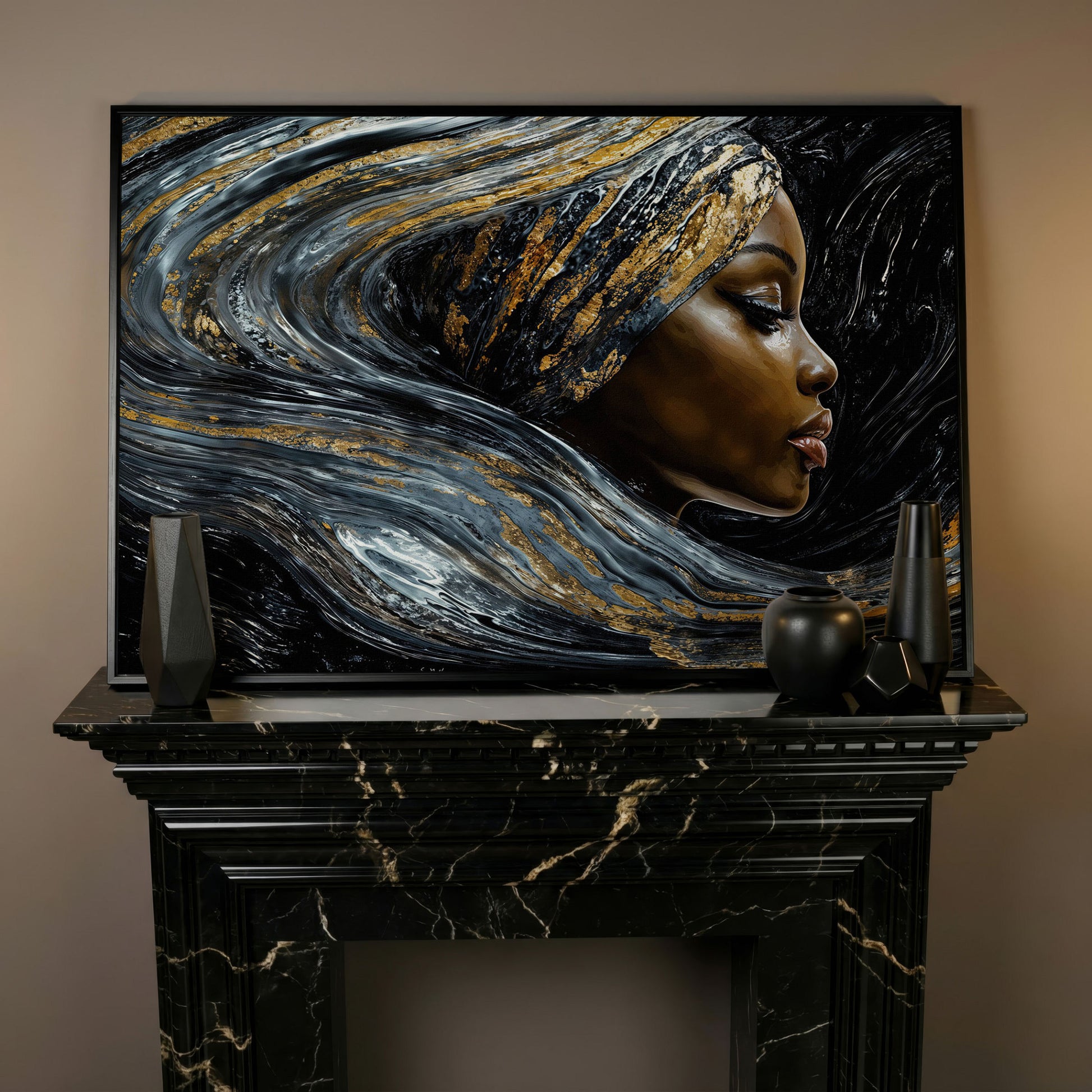 Black Woman Profile Canvas with Abstract Hair in Gold in black floating frame