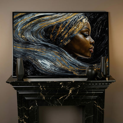Black Woman Profile Canvas with Abstract Hair in Gold in black floating frame