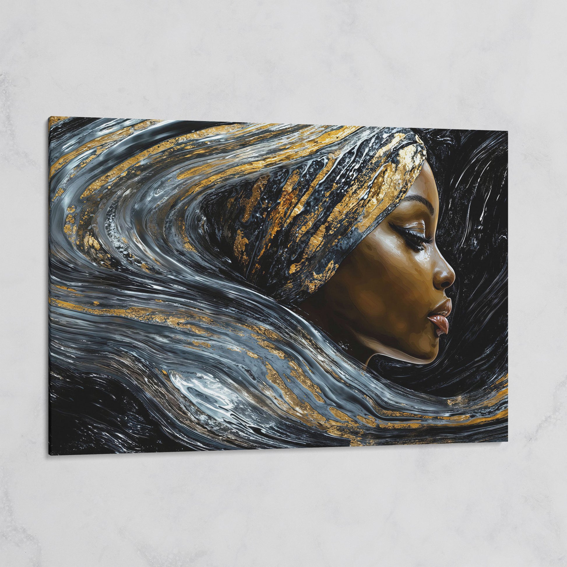 Black Woman Profile Canvas with Abstract Hair in Gold on gallery wrap