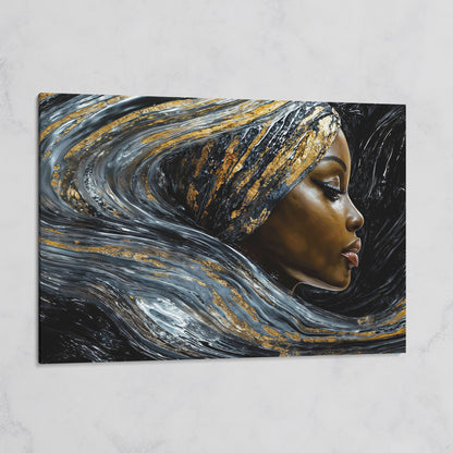 Black Woman Profile Canvas with Abstract Hair in Gold on gallery wrap