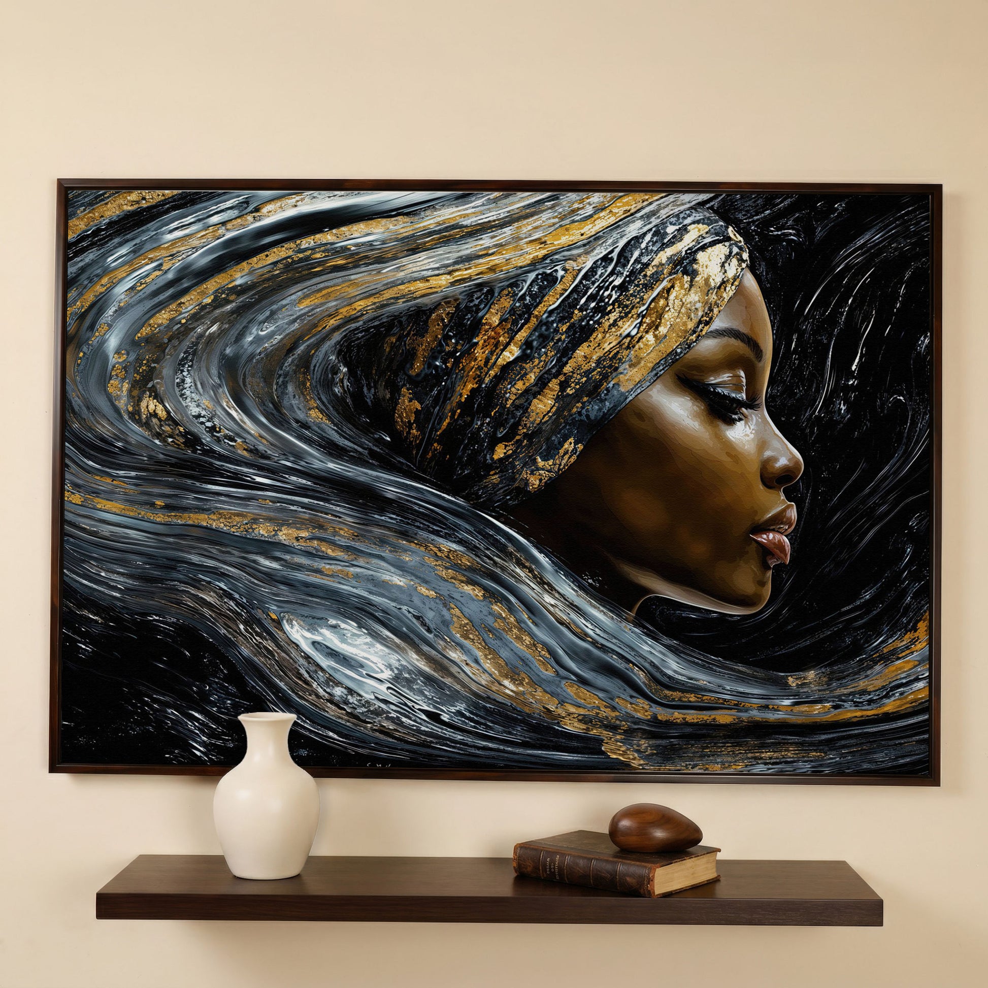 Black Woman Profile Canvas with Abstract Hair in Gold in dark walnut floating frame