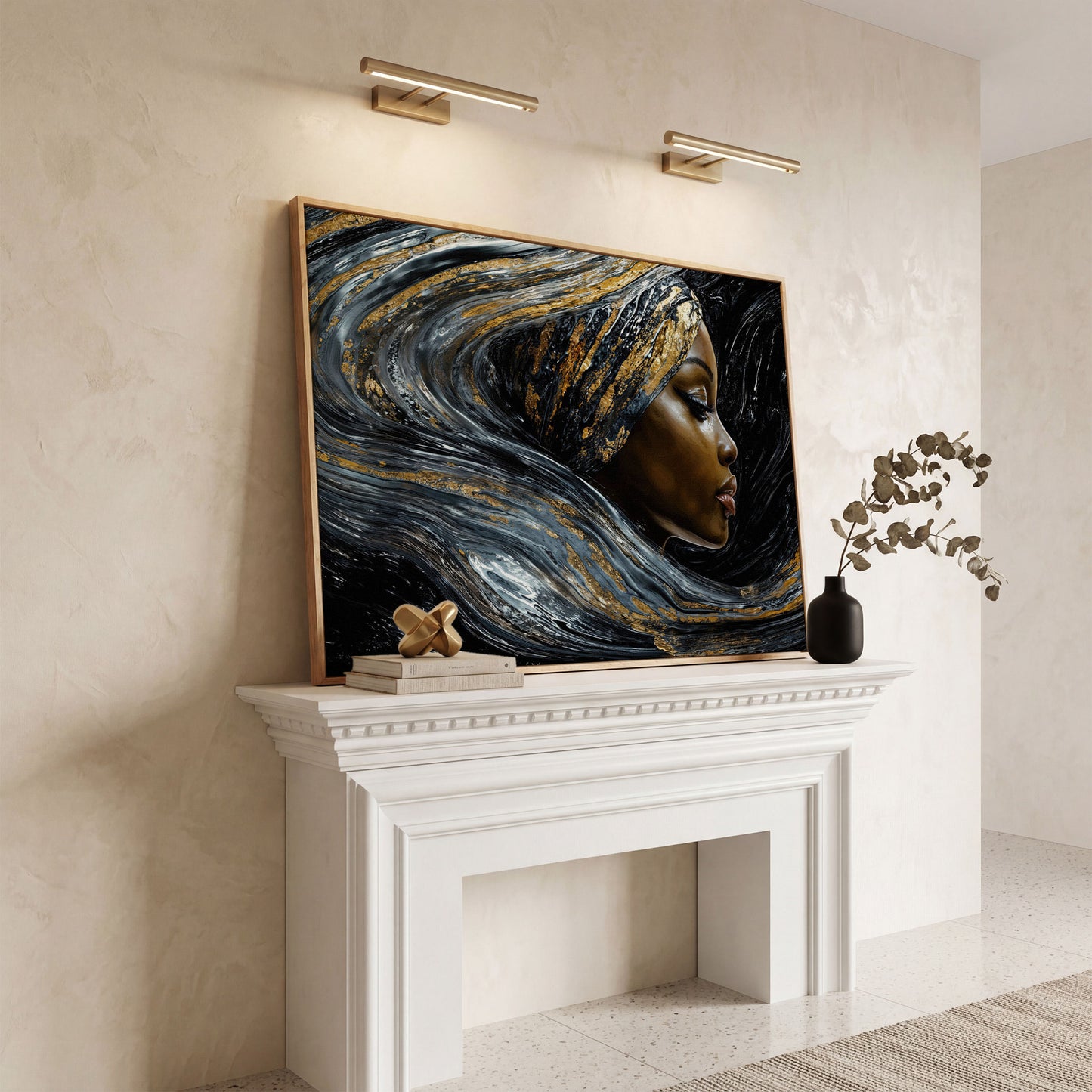 Black Woman Profile Canvas with Abstract Hair in Gold in white oak floating frame