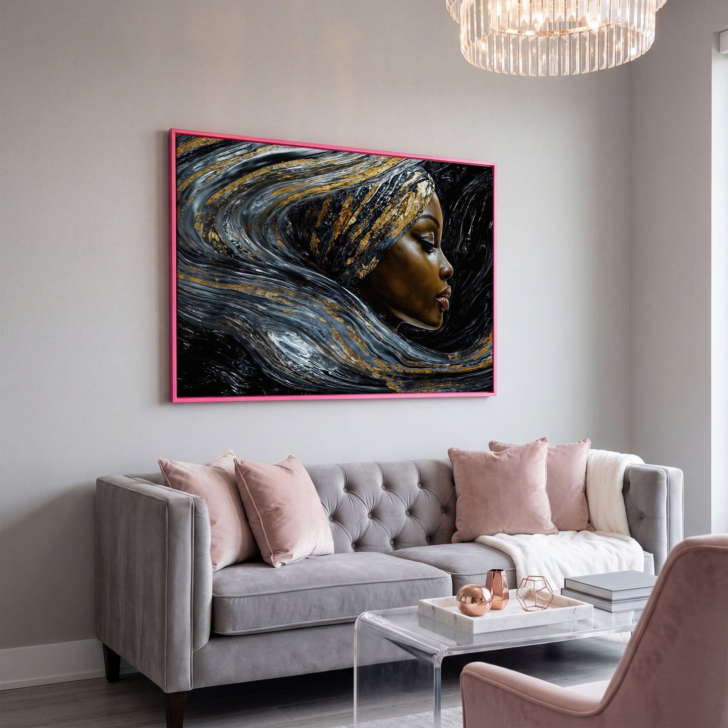 Black Woman Profile Canvas with Abstract Hair in Gold in pink floating frame