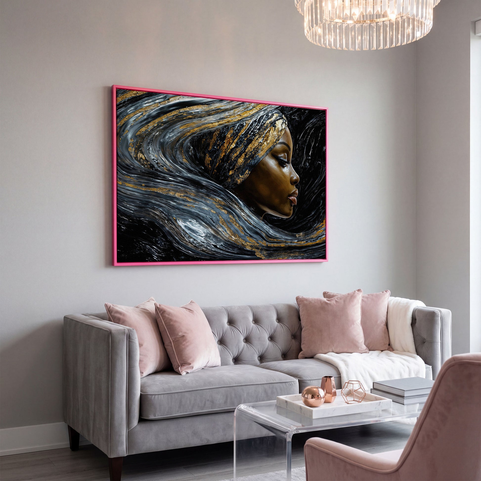 Black Woman Profile Canvas with Abstract Hair in Gold in pink floating frame