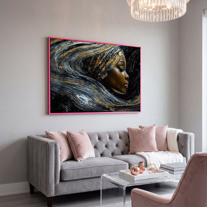 Black Woman Profile Canvas with Abstract Hair in Gold in pink floating frame