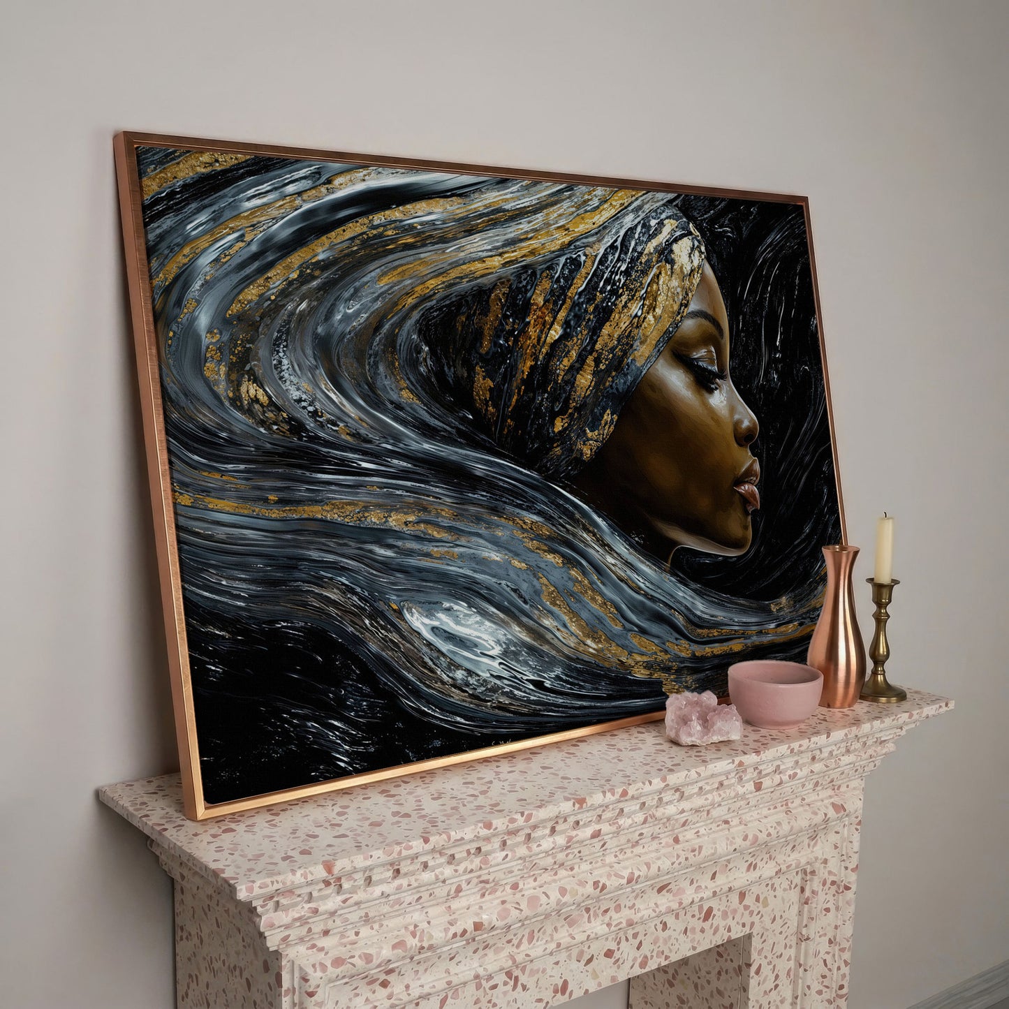 Black Woman Profile Canvas with Abstract Hair in Gold in rose gold floating frame