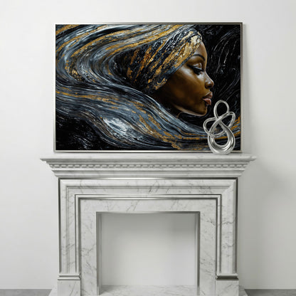 Black Woman Profile Canvas with Abstract Hair in Gold in silver floating frame