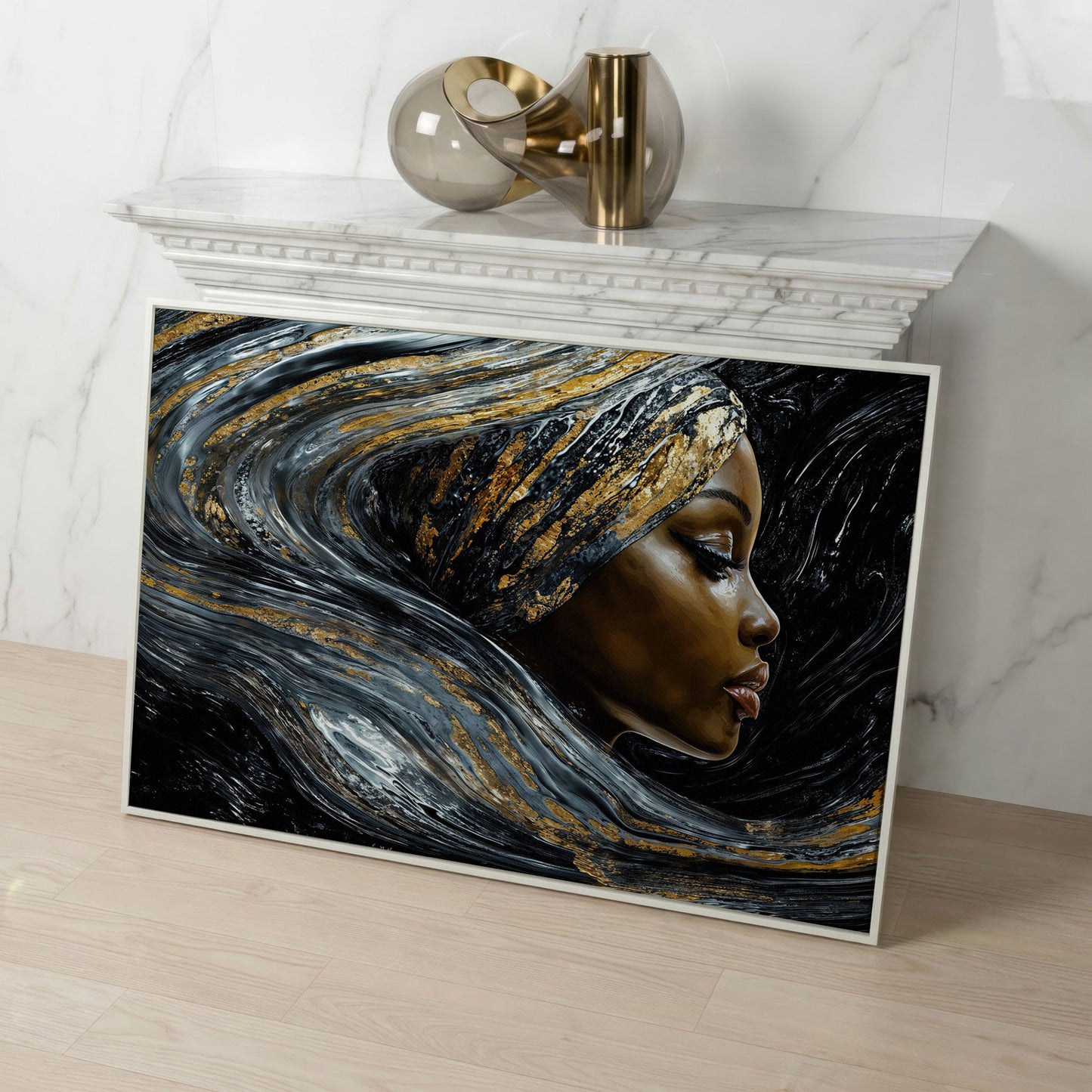 Black Woman Profile Canvas with Abstract Hair in Gold in white floating frame