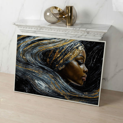 Black Woman Profile Canvas with Abstract Hair in Gold in white floating frame
