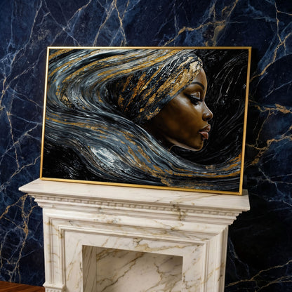 Black Woman Profile Canvas with Abstract Hair in Gold in yellow gold floating frame