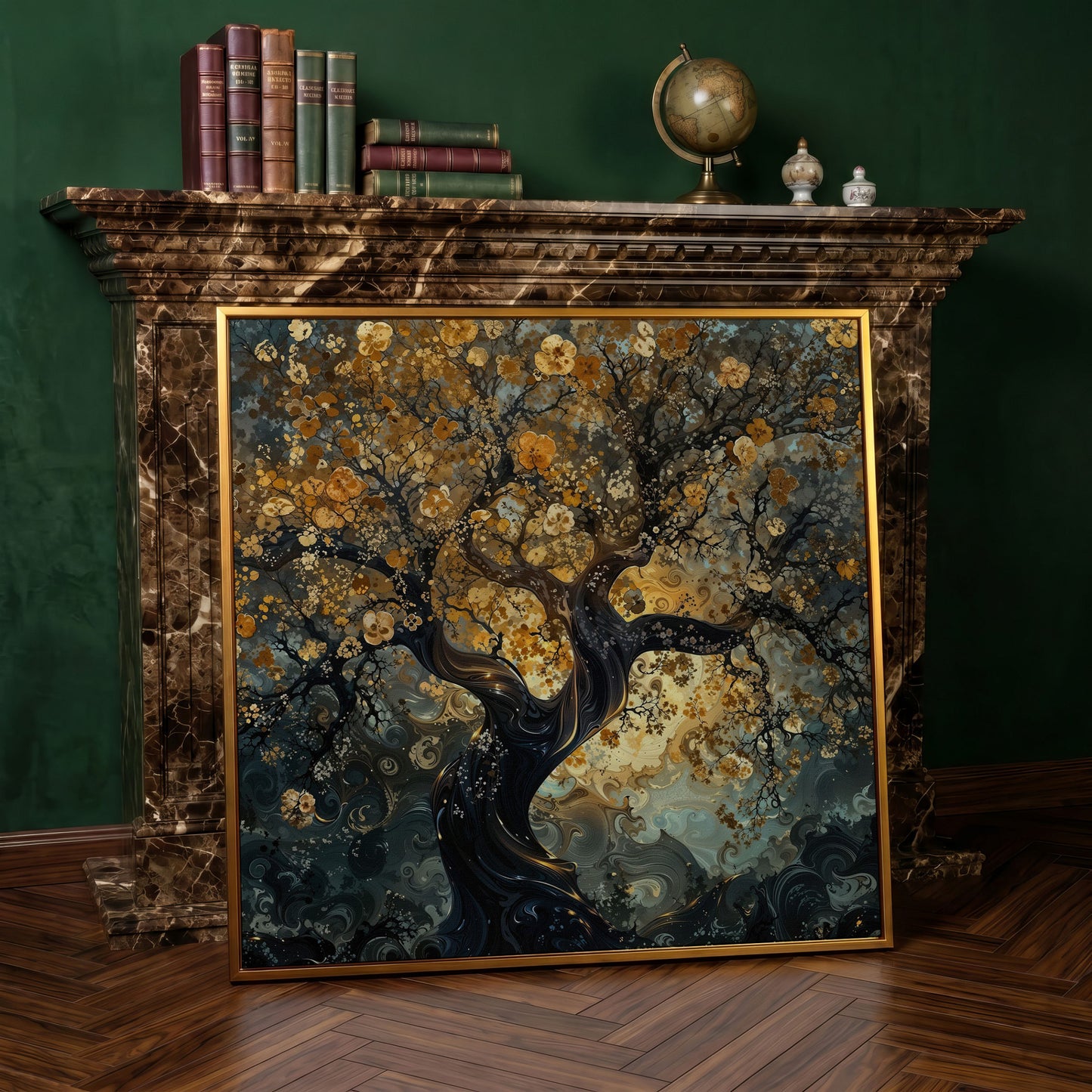 Twisted Tree of Life Canvas with Abstract Blooms in antique gold floating frame