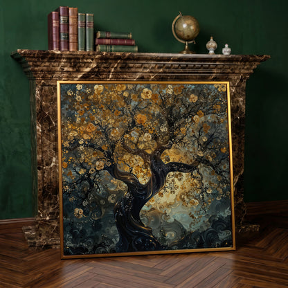 Twisted Tree of Life Canvas with Abstract Blooms in antique gold floating frame
