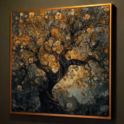Twisted Tree of Life Canvas with Abstract Blooms shown in antique gold floating frame