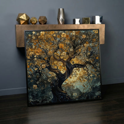 Twisted Tree of Life Canvas with Abstract Blooms in black floating frame