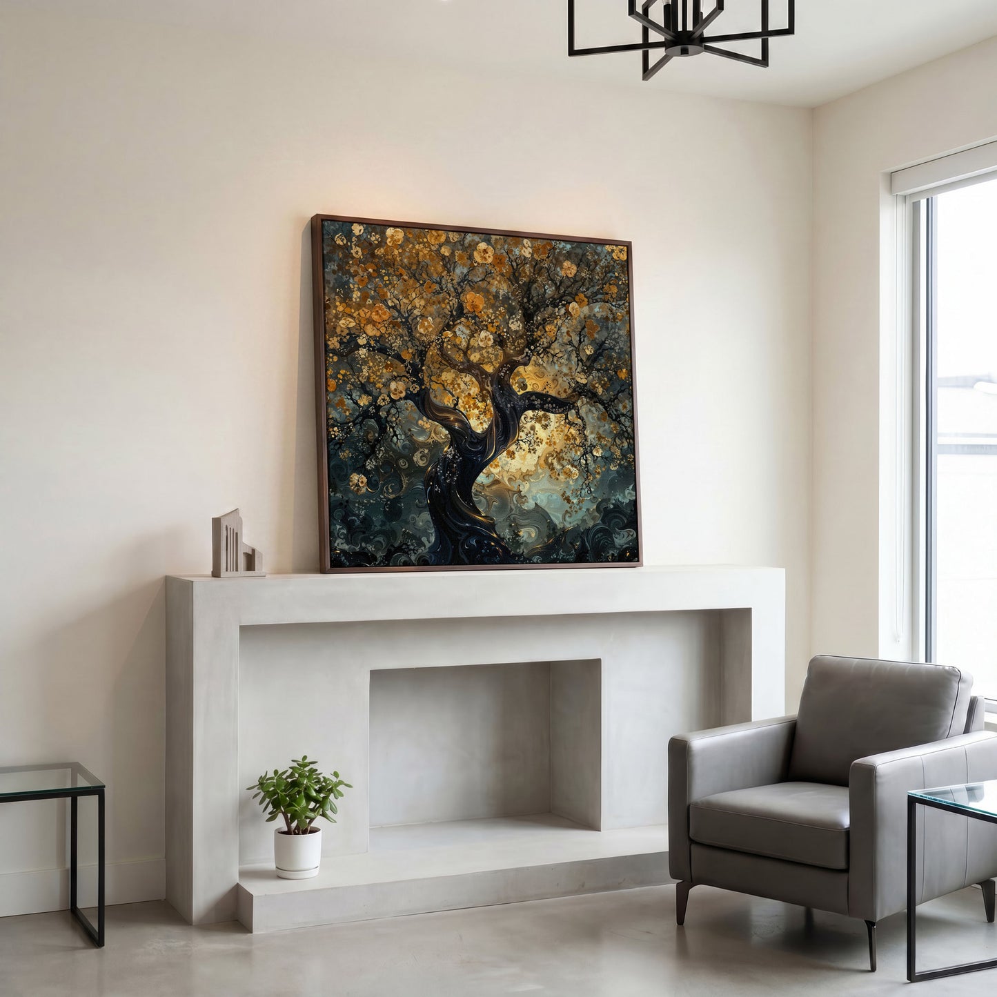 Twisted Tree of Life Canvas with Abstract Blooms in dark walnut floating frame