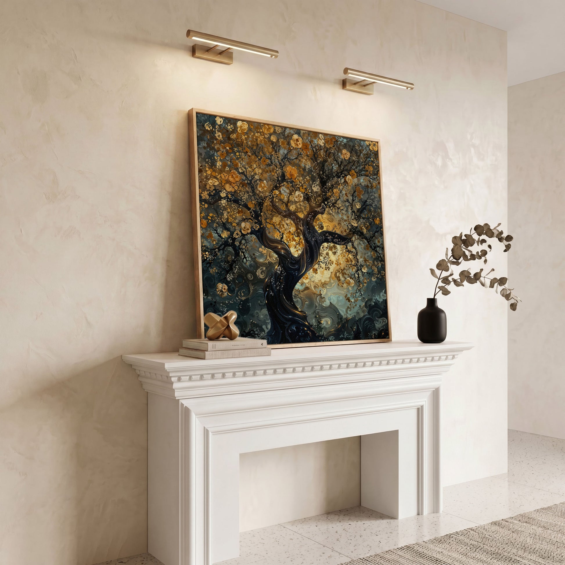 Twisted Tree of Life Canvas with Abstract Blooms in white oak floating frame