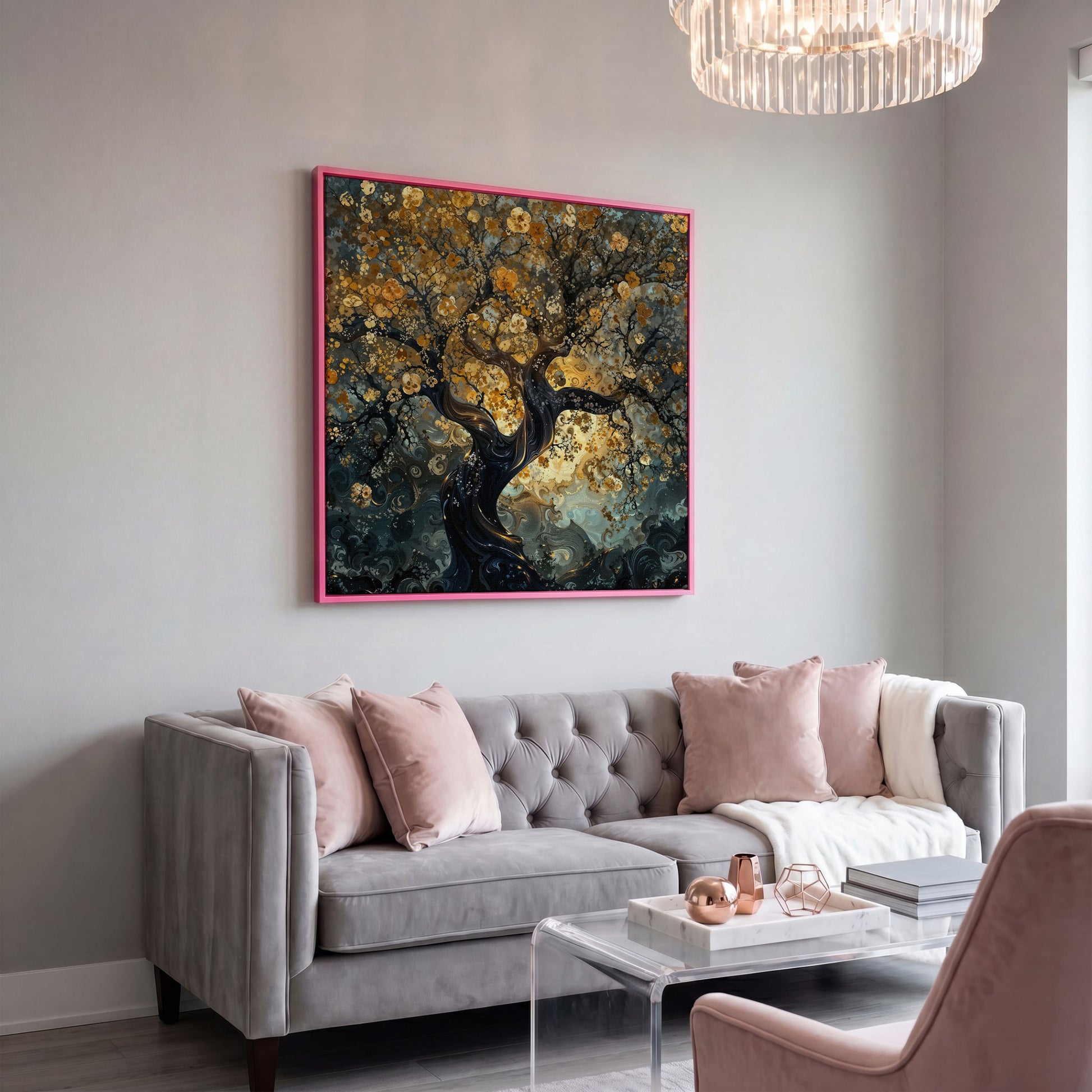 Twisted Tree of Life Canvas with Abstract Blooms in pink floating frame