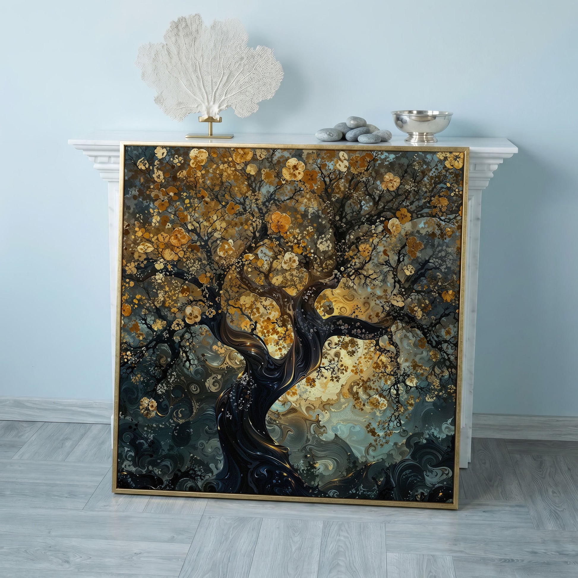 Twisted Tree of Life Canvas with Abstract Blooms in rose gold floating frame