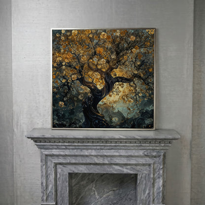 Twisted Tree of Life Canvas with Abstract Blooms in silver floating frame