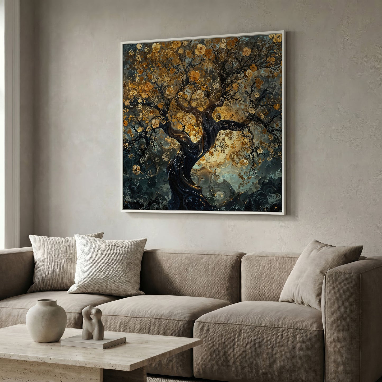 Twisted Tree of Life Canvas with Abstract Blooms in white floating frame