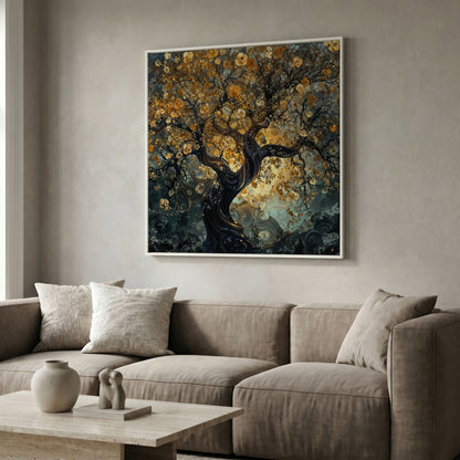 Twisted Tree of Life Canvas with Abstract Blooms in white floating frame