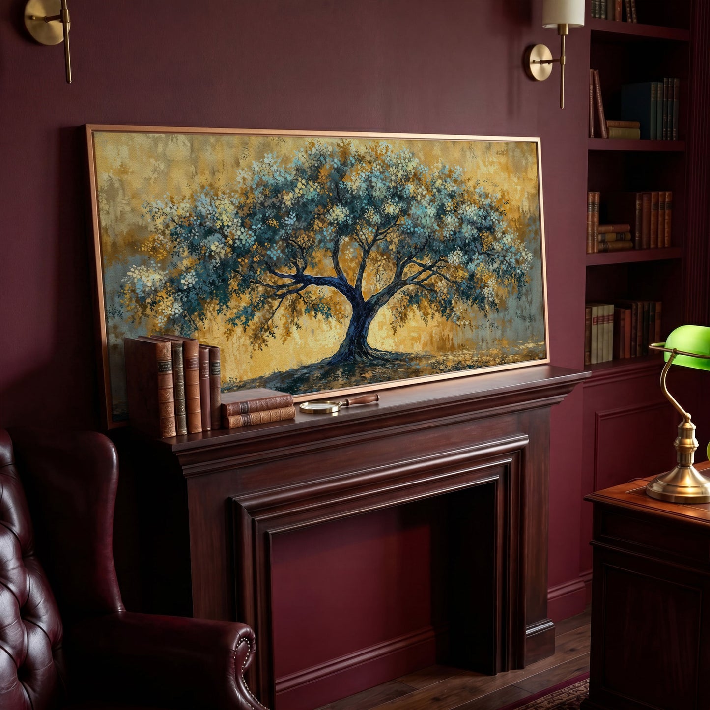 Blue Blossom Tree Panoramic Canvas in antique gold floating frame